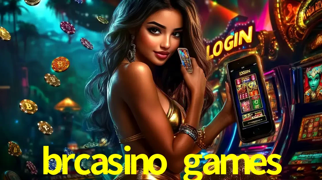 Mulher em um cenário de cassino temático de aventura, mostrando o app de caça-níqueis da brcasino games no celular. Fichas de apostas flutuam ao redor.