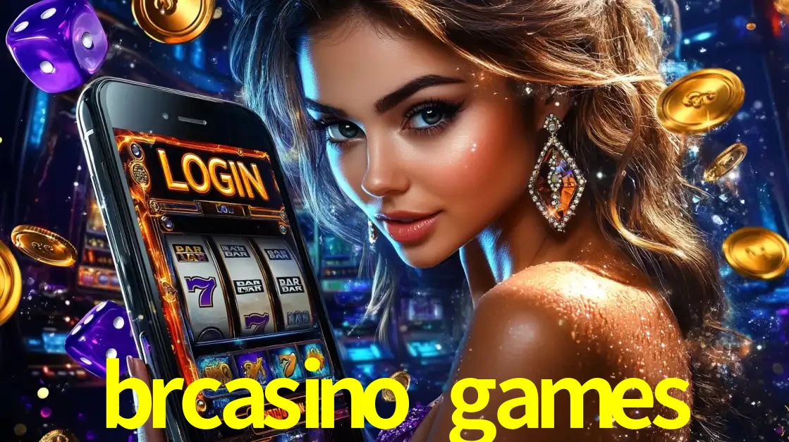 Mulher glamorosa segurando um smartphone com a tela de login para os jogos de caça-níqueis do cassino online brcasino games, com moedas de ouro e dados ao redor.